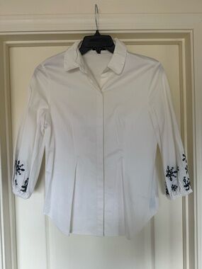 Women's White Button-Front Shirt with Black Floral Embroidered Cuffs